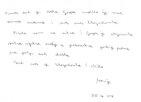 Marija handwriting message April 30, 2004