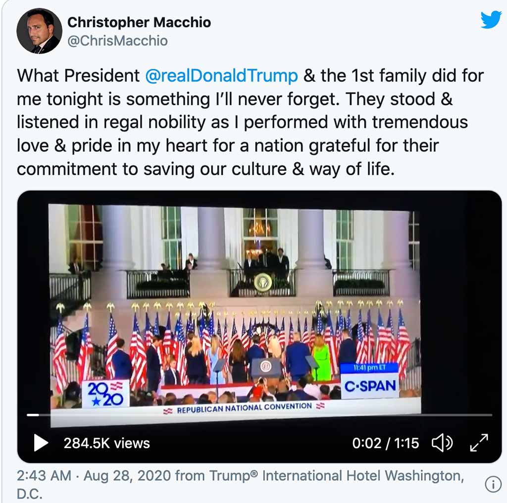 Chris Macchio tweet about Trump family and the Ave Maria sung at the Republican National Convention 2020