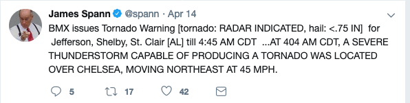 Birmingham weather alert announcing tornadic activity near Caritas